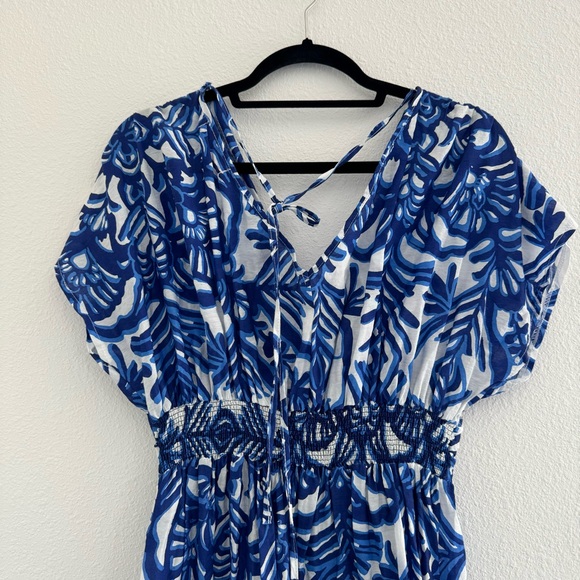 101 Idees Blue White Floral Print Maxi M/L Summer Beach V Neck Back Tie Dress - Picture 5 of 8